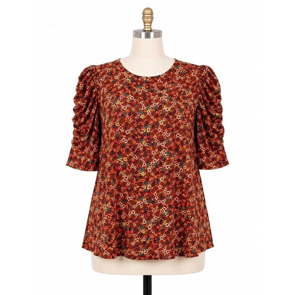 Loft Womens Top Plus Size 14 Ruched Sleeve 100% Cotton Fall Floral 3/4 Sleeve